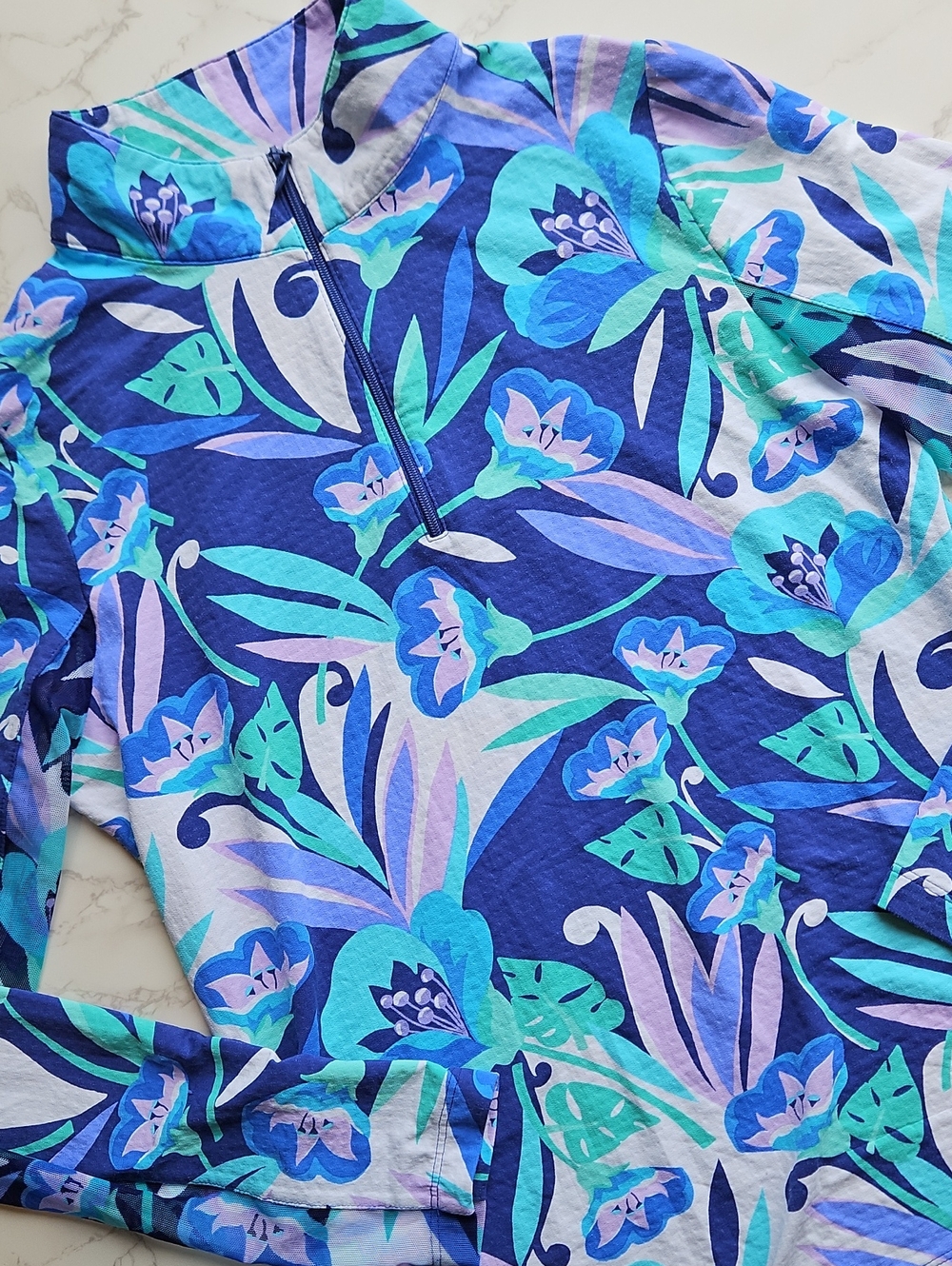 IBKul Long Sleeve Floral Quarter-Zip Shirt in Navy & Teal S